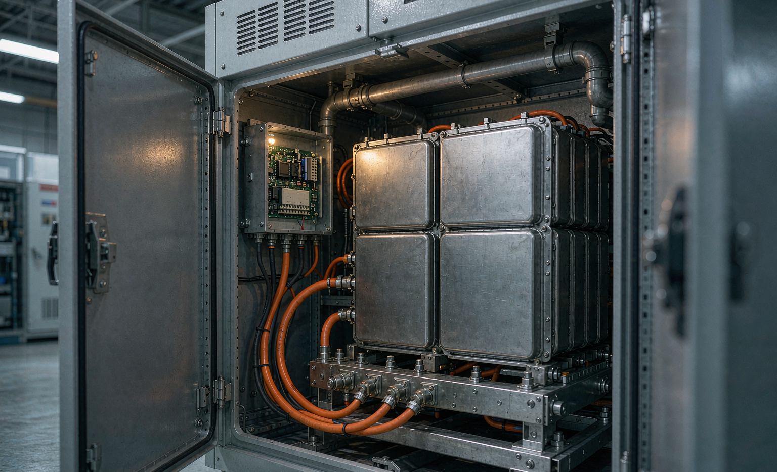 Semi-solid state battery module installed in a stationary energy storage cabinet with BMS board and fire suppression conduit