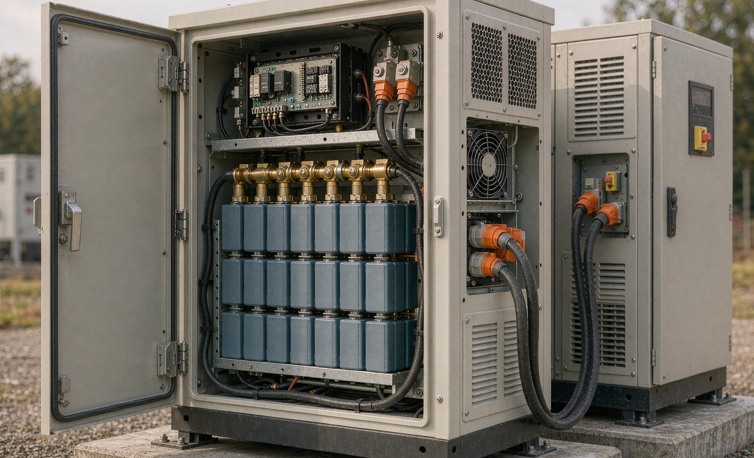 Modular sodium-ion battery cabinet for microgrid storage with prismatic cells, copper busbars and BMS control board during maintenance inspection