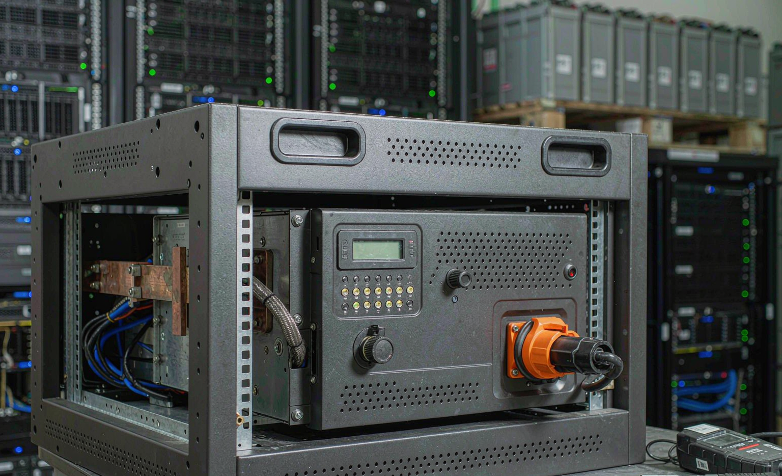 Rack-mounted lithium battery UPS backup module installed in a 19-inch steel equipment rack during a lithium battery deployment for UPS systems, with a torque wrench and multimeter on the workbench