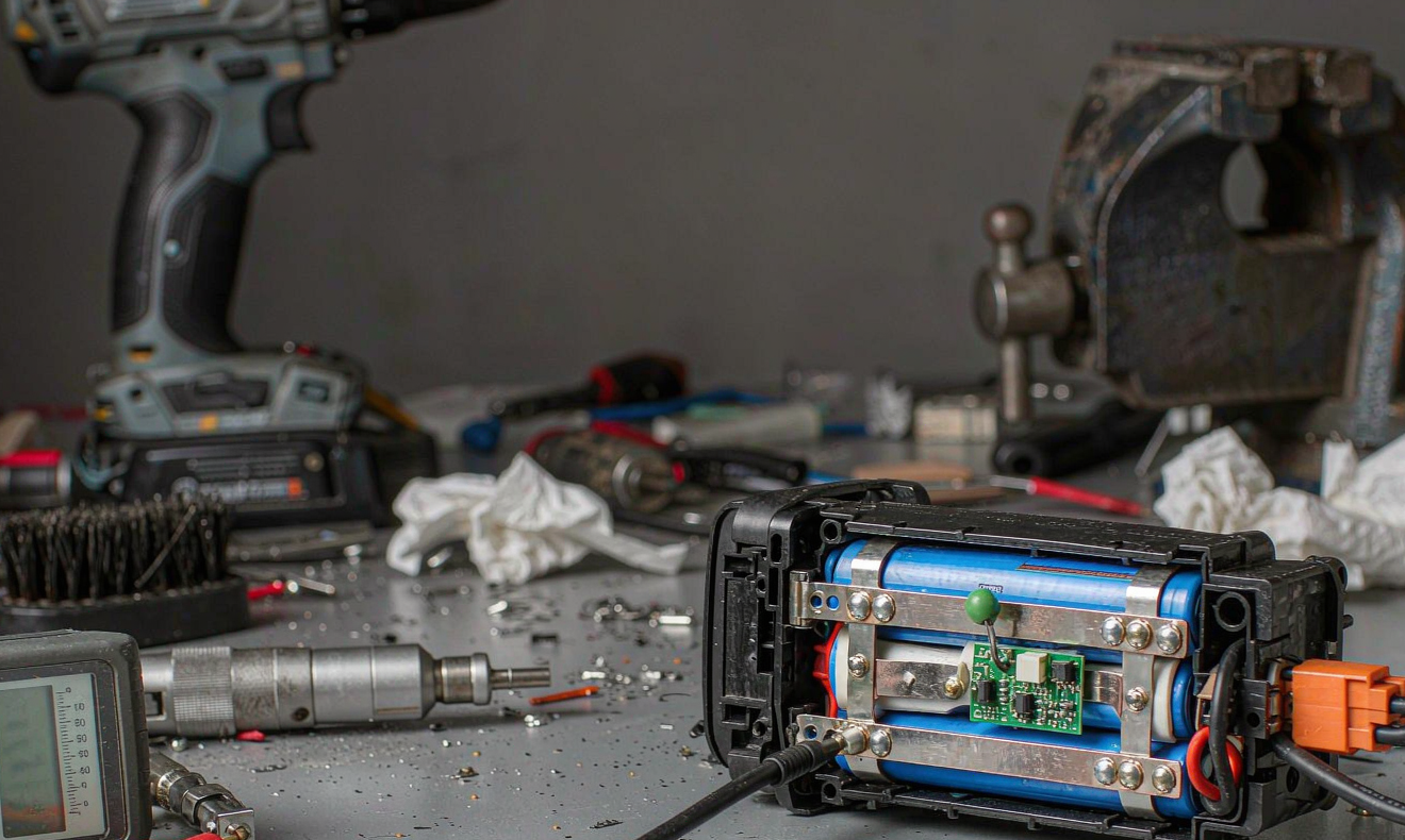 Opened cordless power tool lithium battery pack on an engineering workbench showing 21700 cells, nickel busbars and BMS board