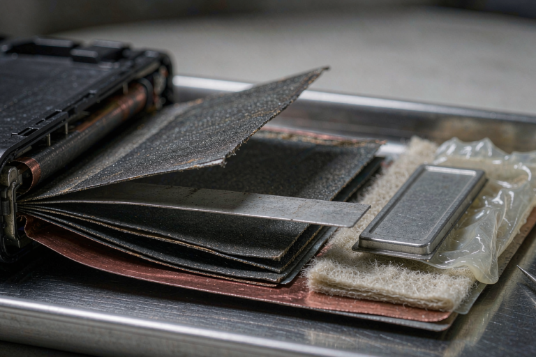 Semi-solid state battery post-mortem failure analysis: a disassembled pouch cell with exposed electrode layers on a stainless steel inspection tray