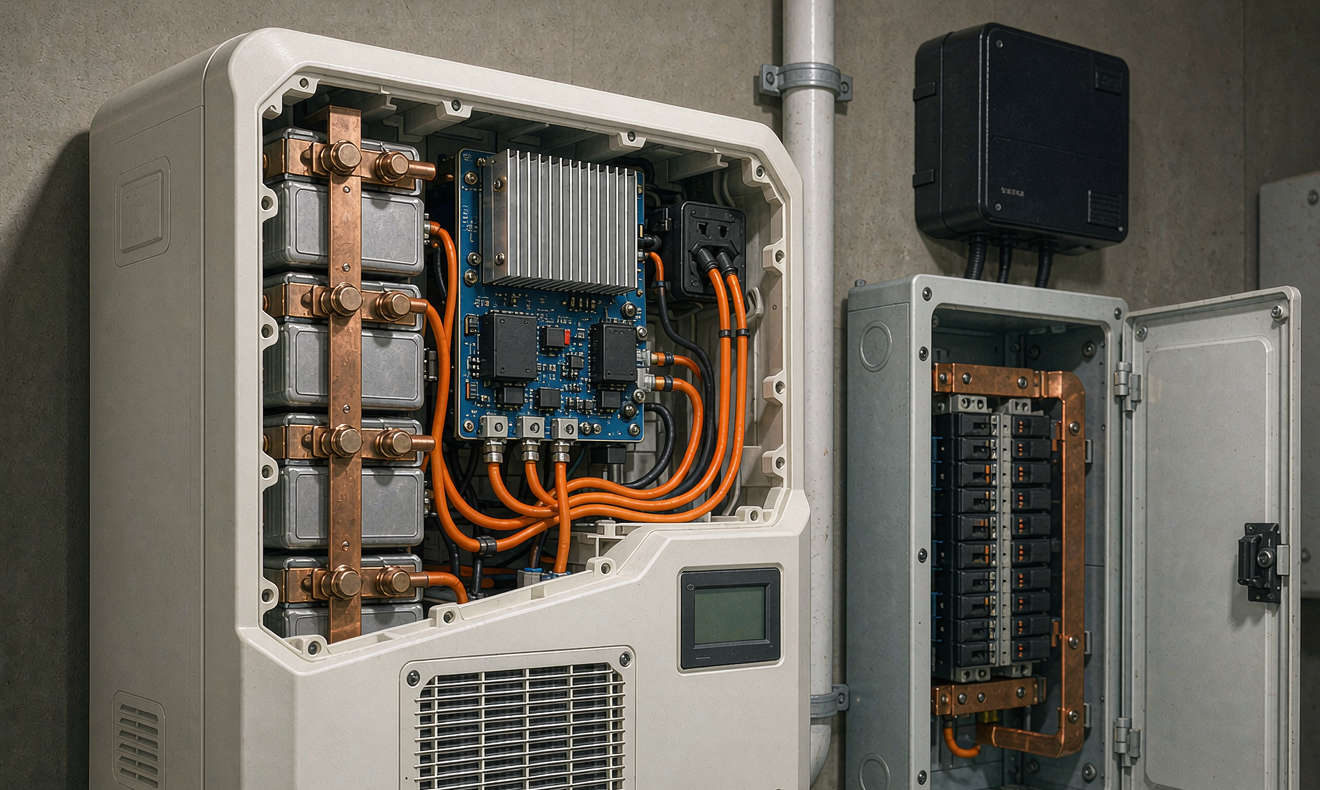 Wall-mounted home energy storage battery cabinet cutaway beside a residential breaker panel and hybrid inverter