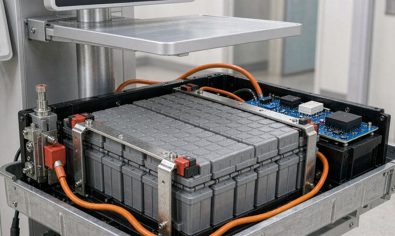 Cutaway view of a LiFePO4 lithium battery pack inside a hospital medical cart base