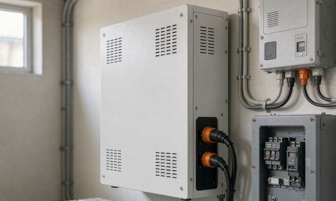 Wall-mounted home energy storage battery cabinet installed beside an electrical panel and inverter in a new home garage