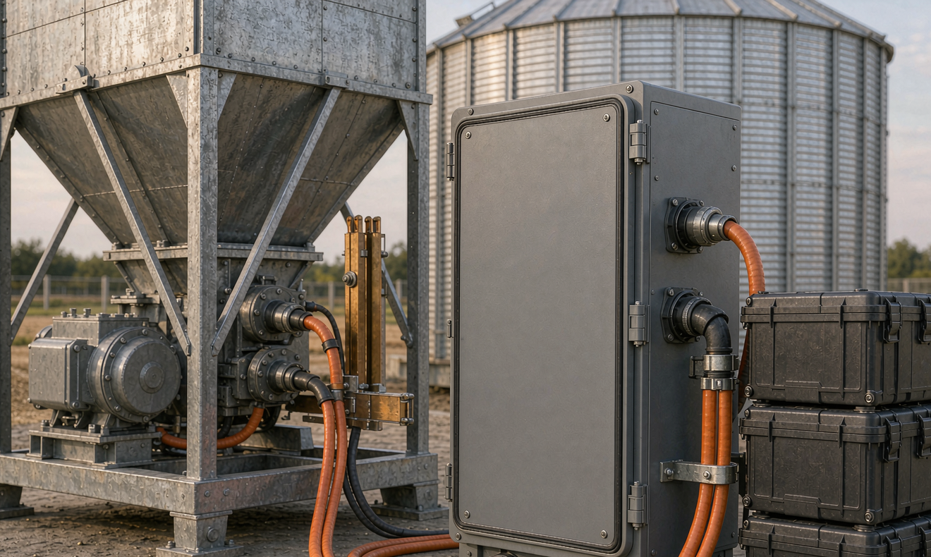 lithium battery grain dryer farm auger system beside grain silo and auger