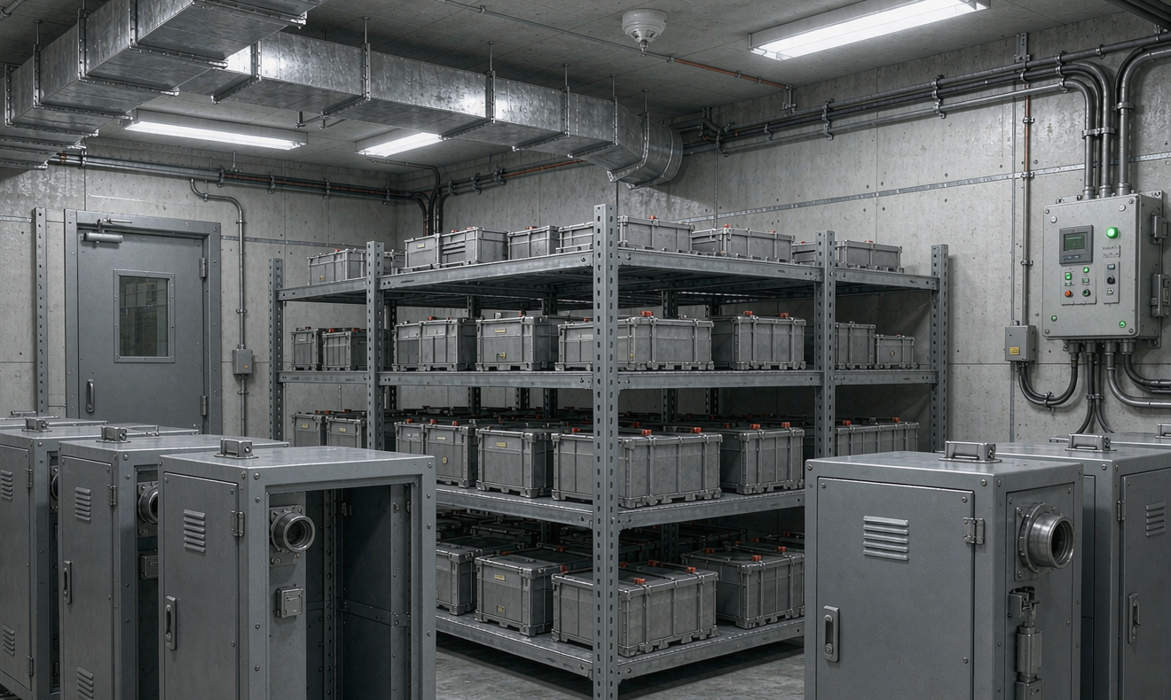 Lithium battery storage room with fire-rated steel safety cabinets, spaced pallets of prismatic modules and wall-mounted gas and temperature monitoring panel for lithium battery thermal runaway prevention