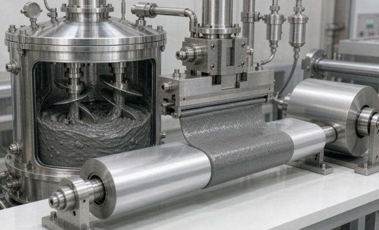 Semi-solid state battery electrode slurry mixing and coating process with dual-shaft mixer