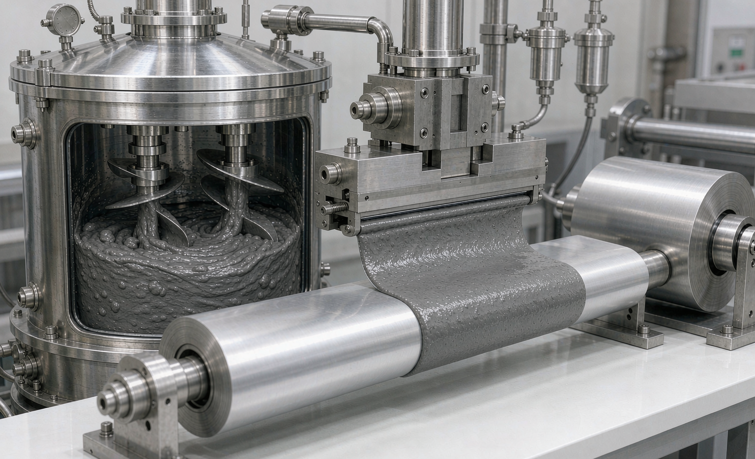 Semi-solid state battery electrode slurry mixing and coating process with dual-shaft mixer
