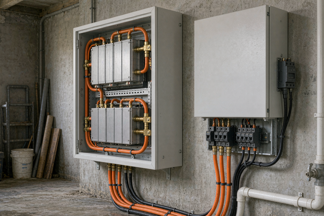 Home energy storage well pump rural water backup: lithium battery cabinet and water supply pipe for a rural well