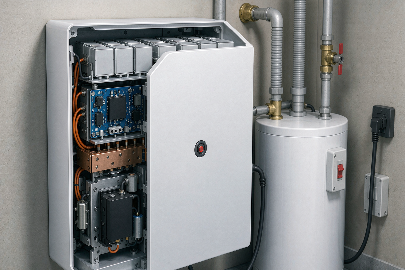 Home energy storage electric water heater paired with a residential battery cabinet for load shifting