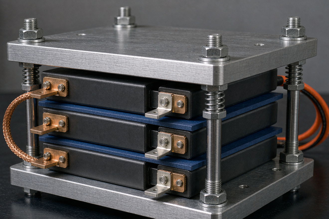 Semi-solid state battery formation cycling: prismatic cells clamped in a pressure fixture with brushed aluminum plates, copper busbars and orange-black DC cables