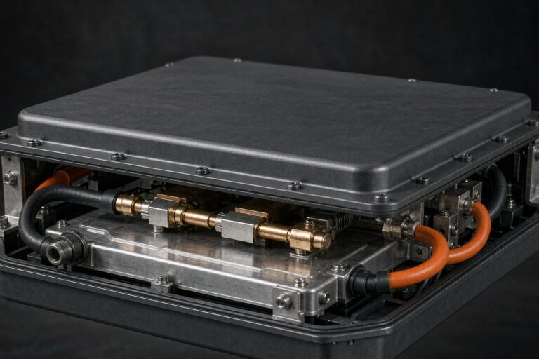 Semi-solid state battery peak power module with copper busbars and liquid cooling plate