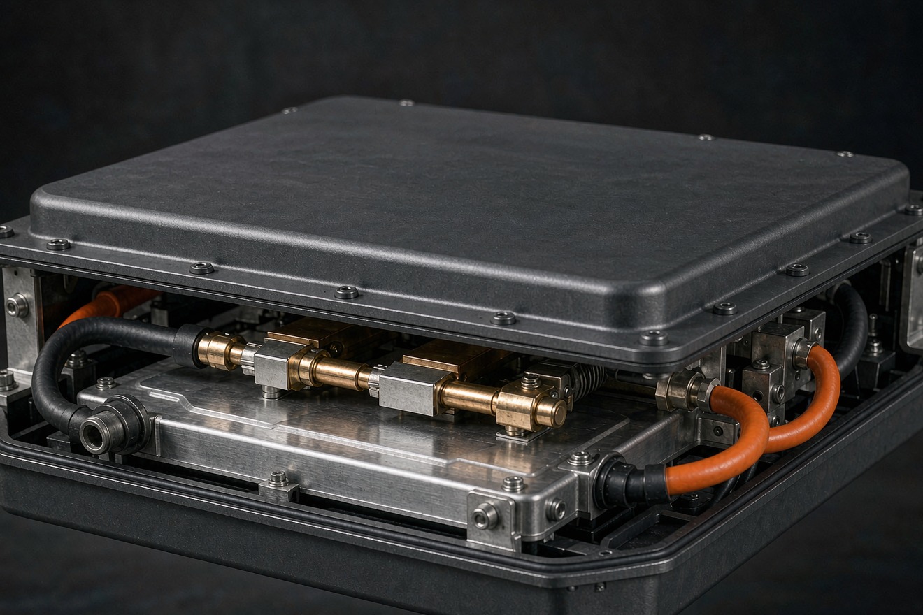 Semi-solid state battery peak power module with copper busbars and liquid cooling plate