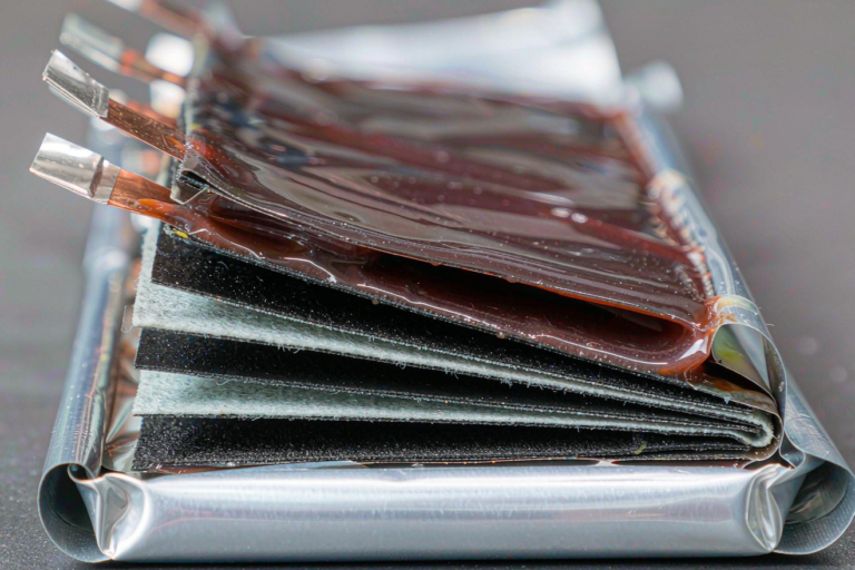 Semi-solid state battery interface wetting impedance shown in a pouch cell cross-section with glossy gel electrolyte film
