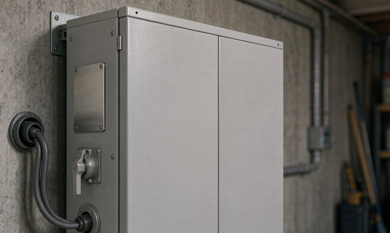 Home energy storage battery passport data plate on a wall-mounted residential pack