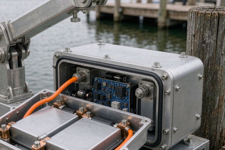 Lithium battery for boat lifts and dock equipment in a sealed marine-grade enclosure on a dock