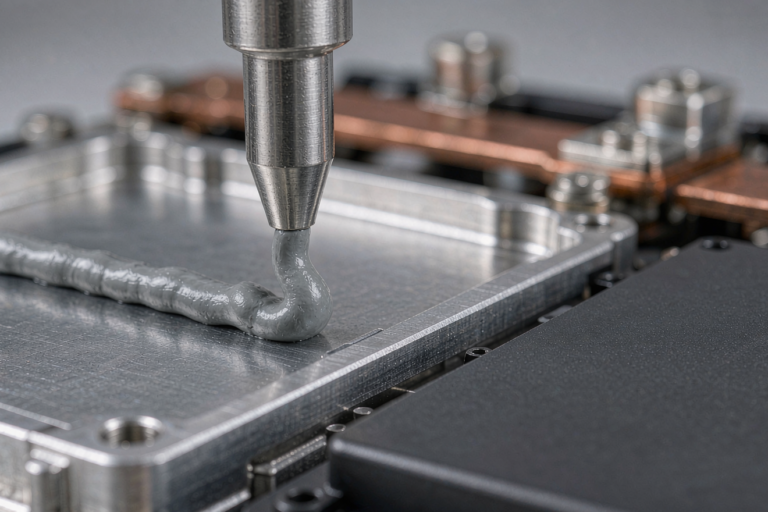 Semi-solid state battery thermal interface material dispensed as a grey gap filler bead onto an aluminium cold plate beside a battery module