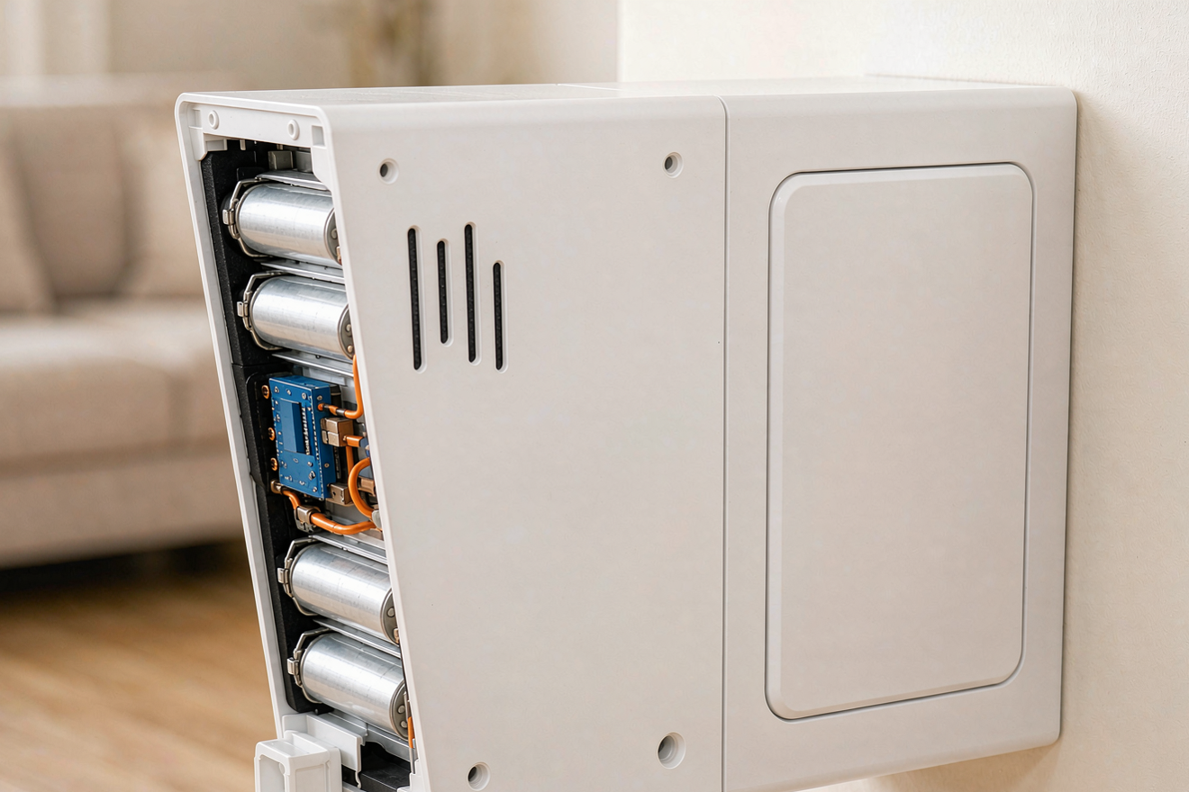 Home energy storage multi generation household setup with a wall-mounted lithium battery cabinet