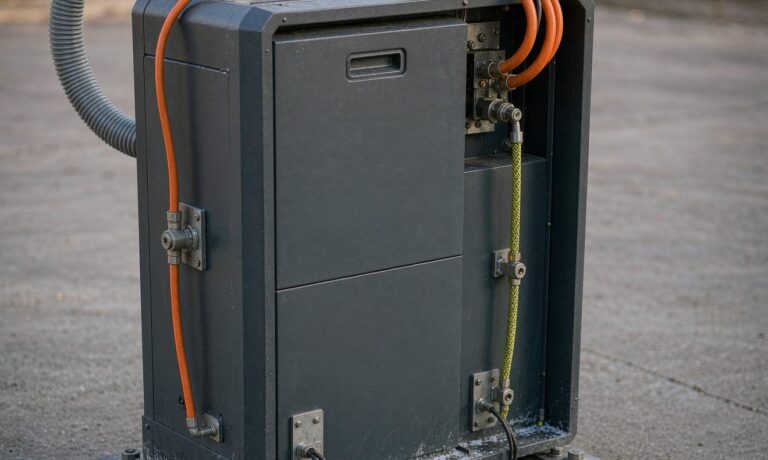 Airfield ground lighting battery backup cabinet with copper busbars and orange high-voltage cables