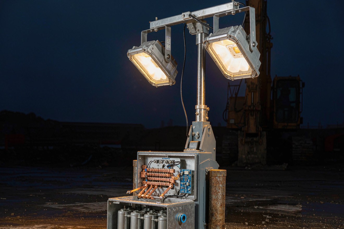 Sodium-ion battery for mobile light towers powering LED floodlights at a construction site