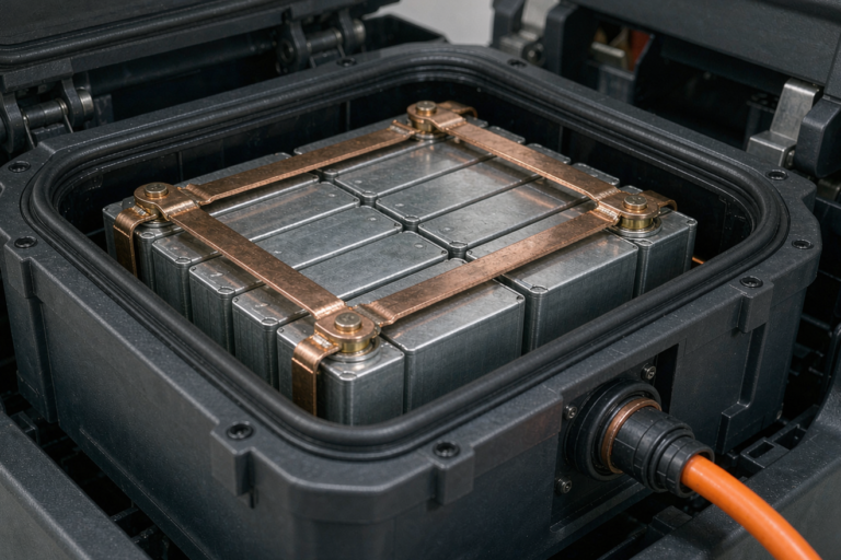 Sealed lithium battery for floor scrubbers with prismatic LFP cells and copper busbars