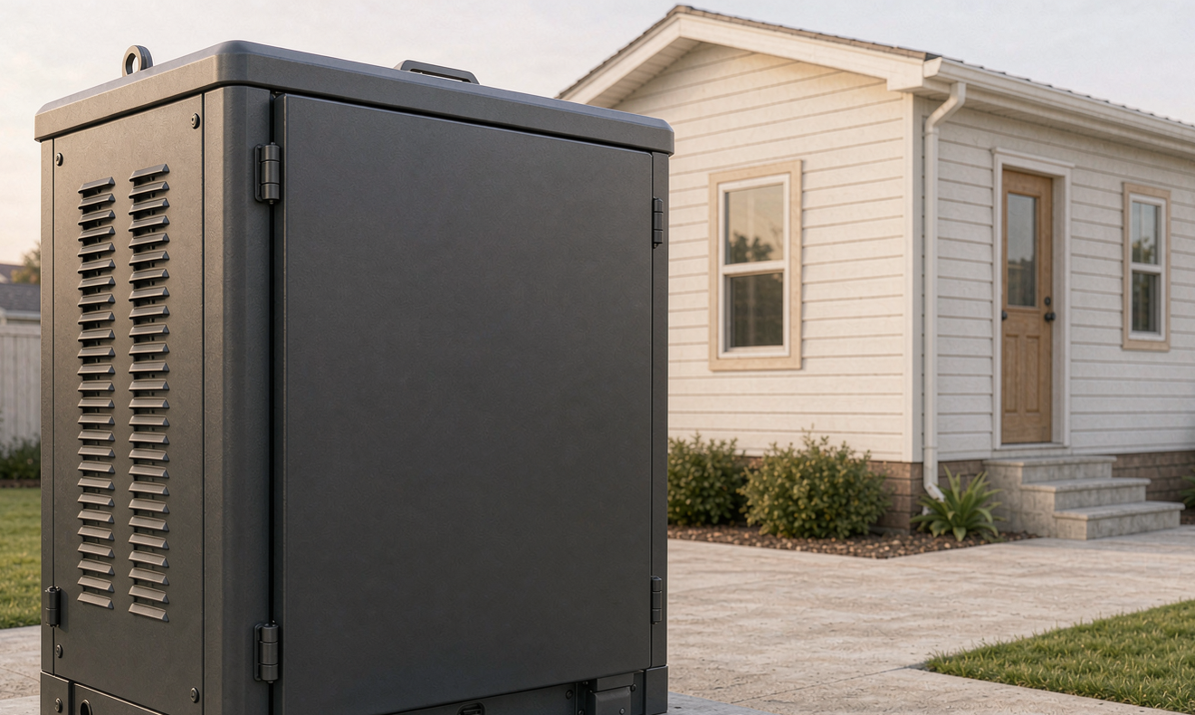 manufactured home energy storage enclosure mounted on a concrete pad beside a mobile home