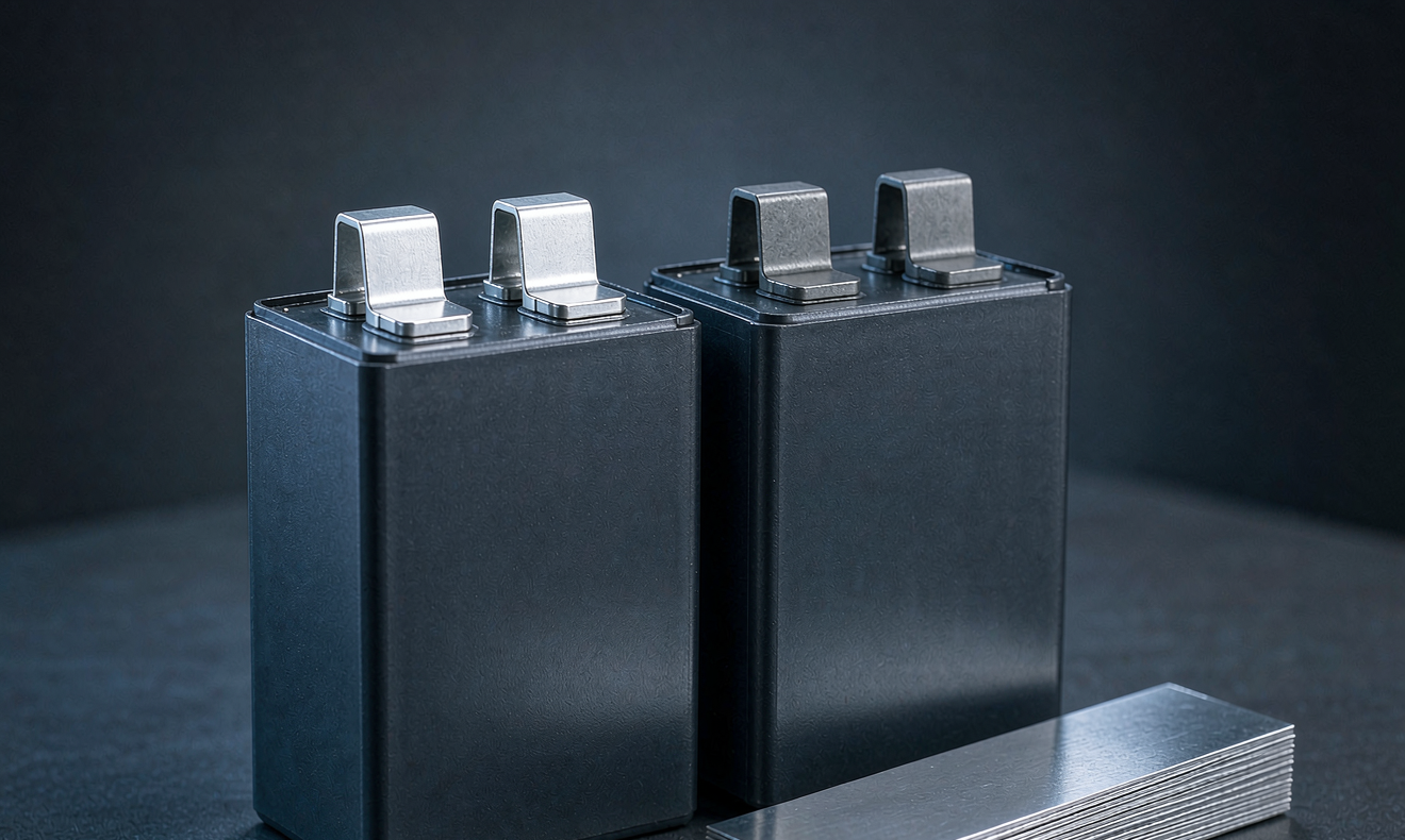 Sodium-ion production line compatibility shown by two prismatic sodium-ion cells with aluminum tabs and a foil stack on a bench