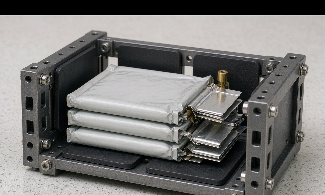 Semi-Solid State Battery Commercial Availability pouch cell stack with module frame on a bench