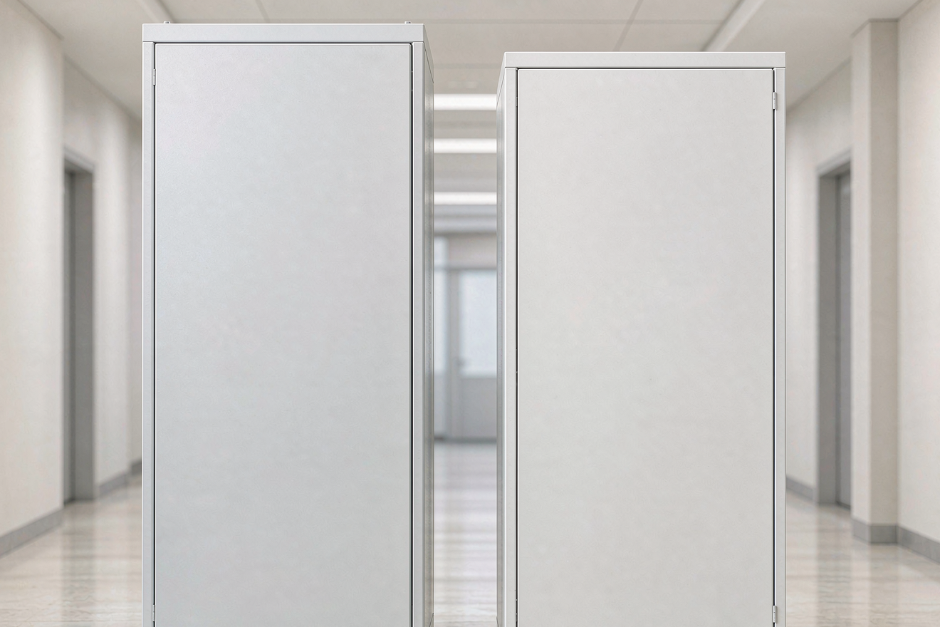 Lithium battery backup cabinet installed in a building utility corridor