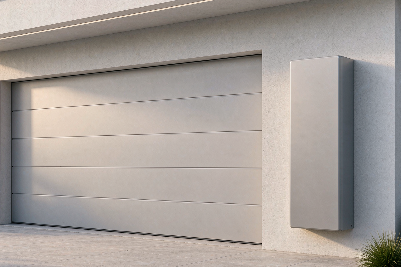 Home energy storage battery cabinet mounted on an exterior wall