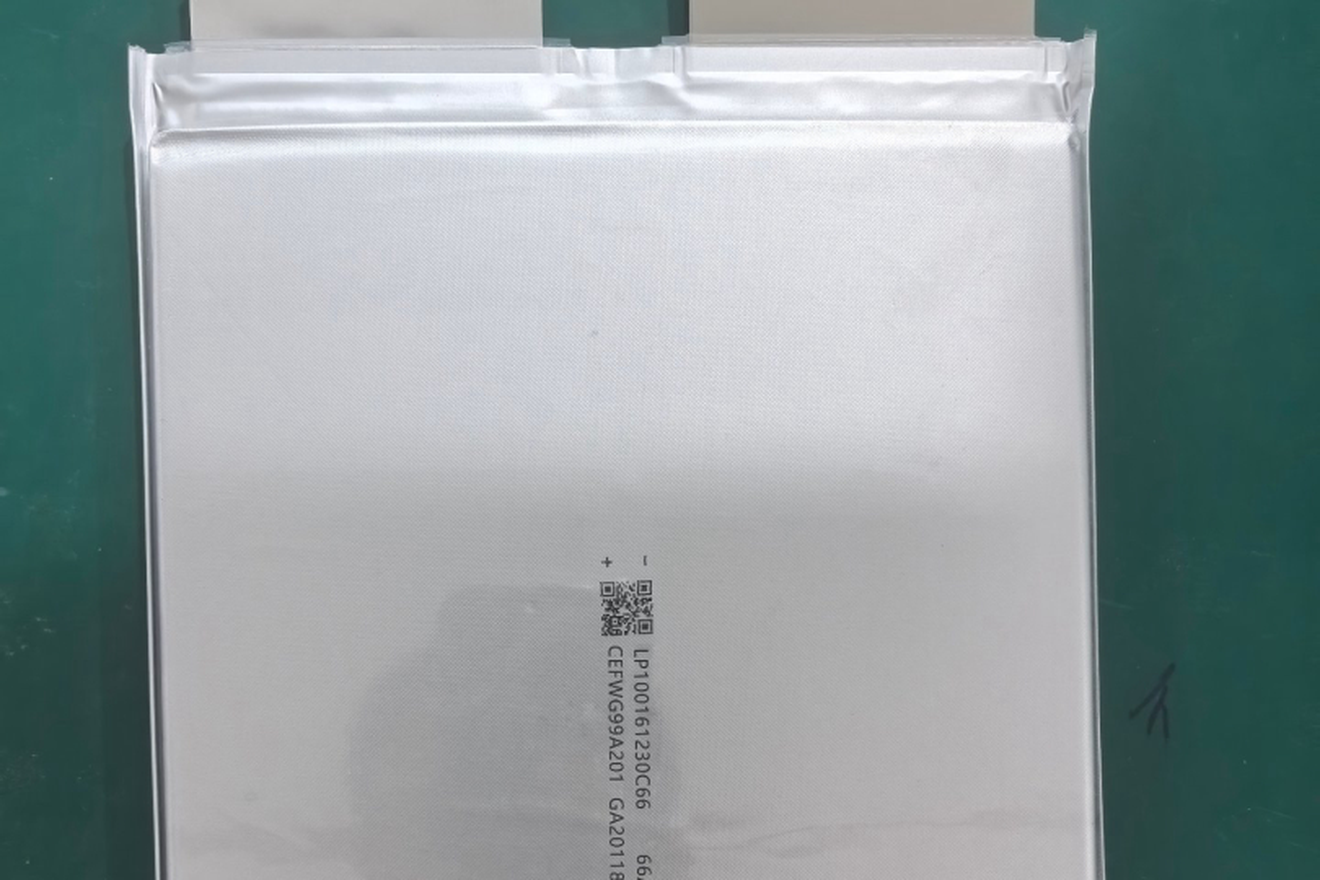 Close up of a lithium polymer pouch cell with aluminium tabs